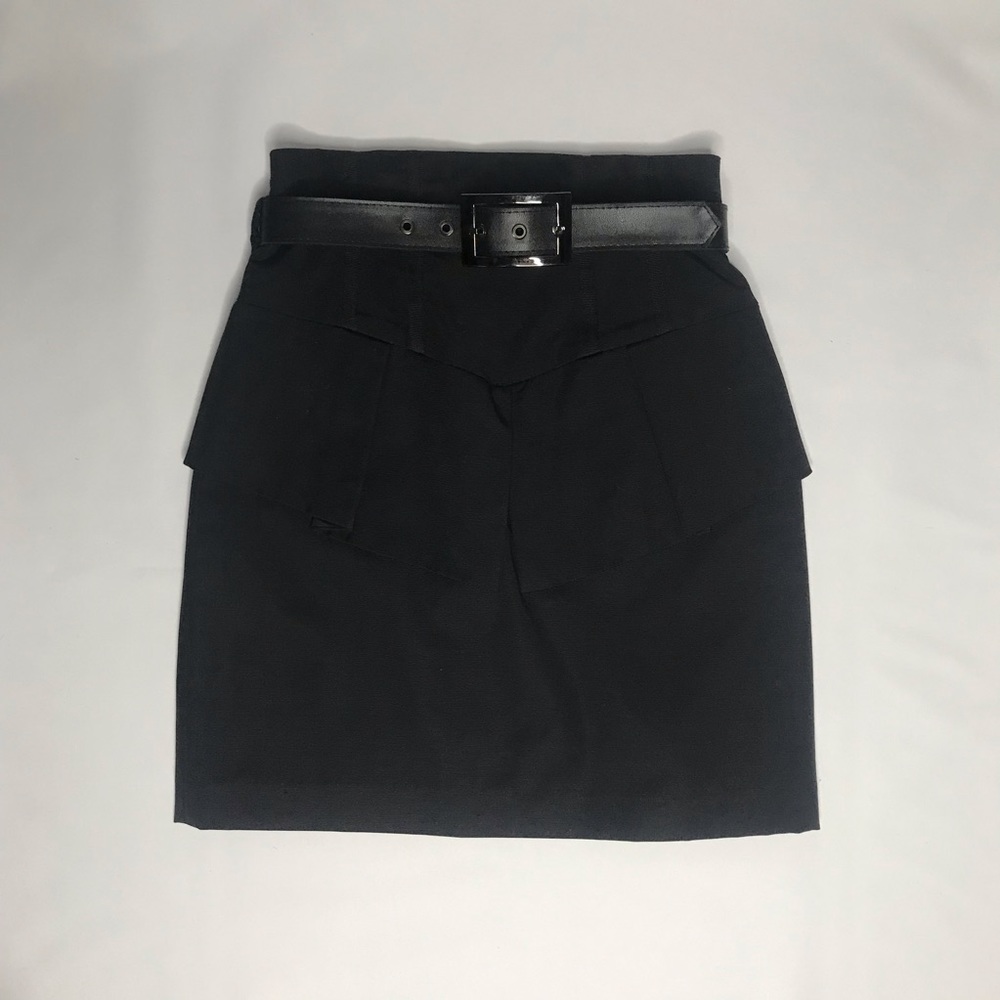 Black Belted Mini Skirt, High-waisted plus Peplum